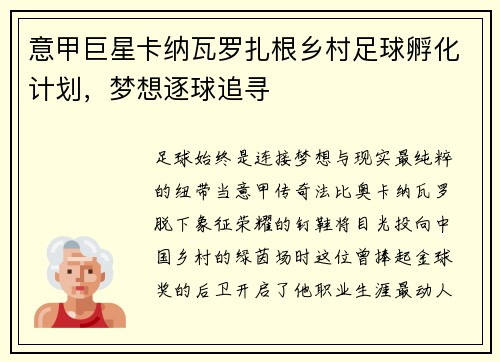 意甲巨星卡纳瓦罗扎根乡村足球孵化计划，梦想逐球追寻